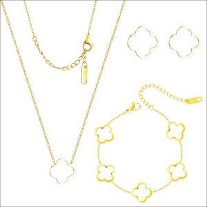 18K Gold Plated Clover Jewelry Set Necklace Bracelets Earrings Dainty